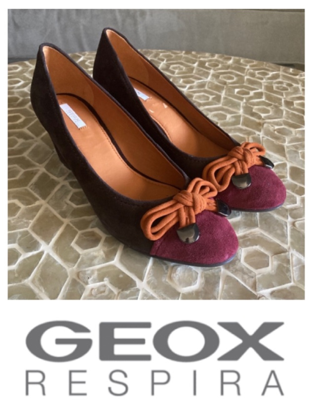 LIKE NEW!  Geox Respira Brown/Maroon bow-detail suede wedge
